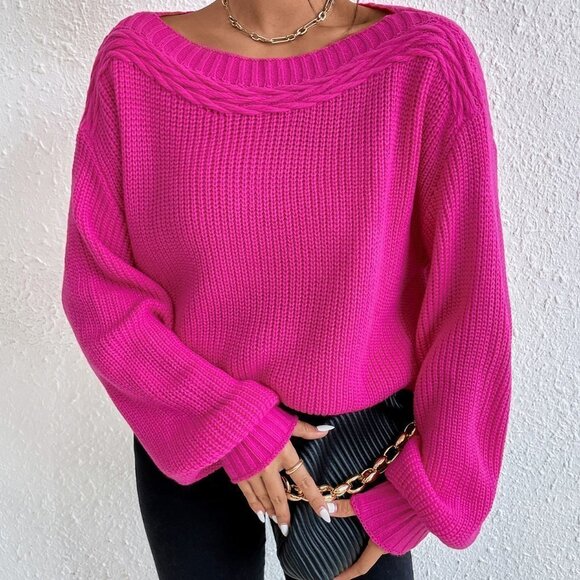 Pink Casual Womens Solid Drop Shoulder Sweater - Picture 4 of 5